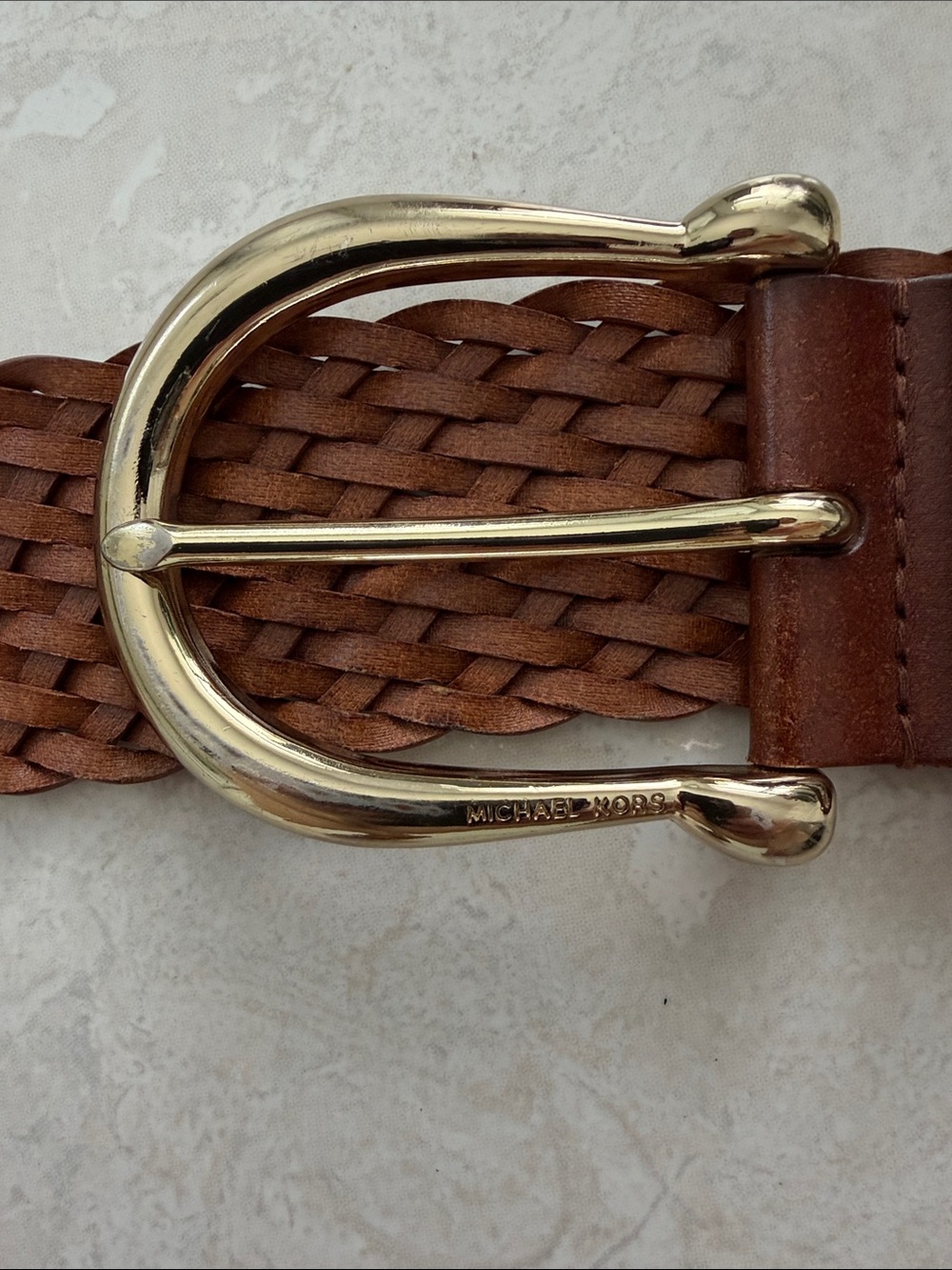 Michael Kors Brown Braided Leather Belt with Gold-Tone Buckle